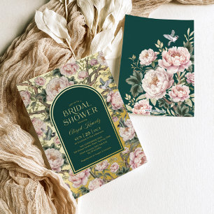 Dunkelgrüne Gold-Chinoiserie-Blumen-Brautparty Folieneinladung