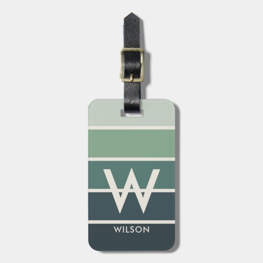 Dunkelgrüne Gradient Strip Monogram Personal Gepäckanhänger (Vorderseite vertikal)