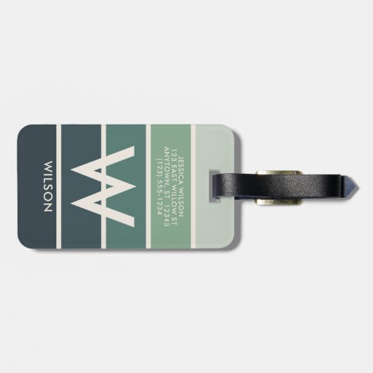 Dunkelgrüne Gradient Strip Monogram Personal Gepäckanhänger (Rückseite horizontal)