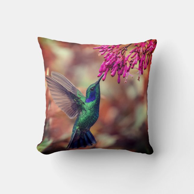 Dunkelgrüne Hummingvogel Rosa Blume Kissen (Vorderseite)