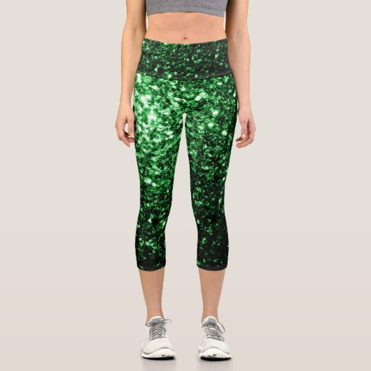 Dunkelgrüne Imitate Glitzer Glitzern Capri Leggings (Vorderseite)