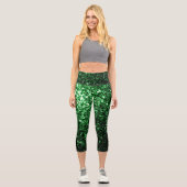 Dunkelgrüne Imitate Glitzer Glitzern Capri Leggings (Vorderseite)
