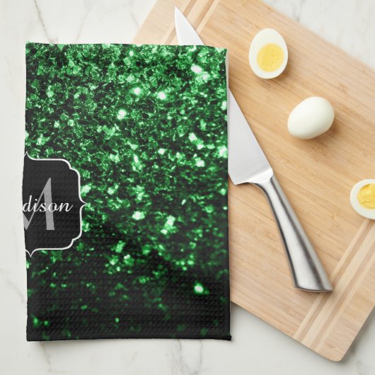 Dunkelgrüne Imitate Glitzer Glitzern Monogram Geschirrtuch (Viertel Falte)