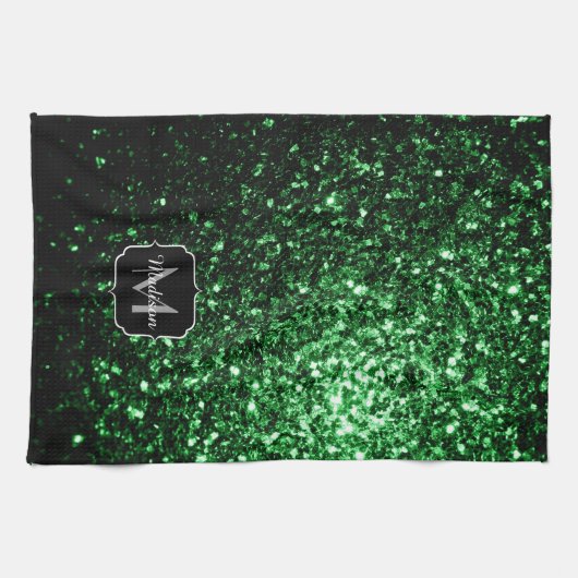 Dunkelgrüne Imitate Glitzer Glitzern Monogram Geschirrtuch (Horizontal)