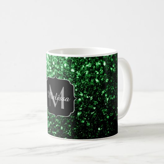 Dunkelgrüne Imitate Glitzer Glitzern Monogram Kaffeetasse (VorderseiteRechts)