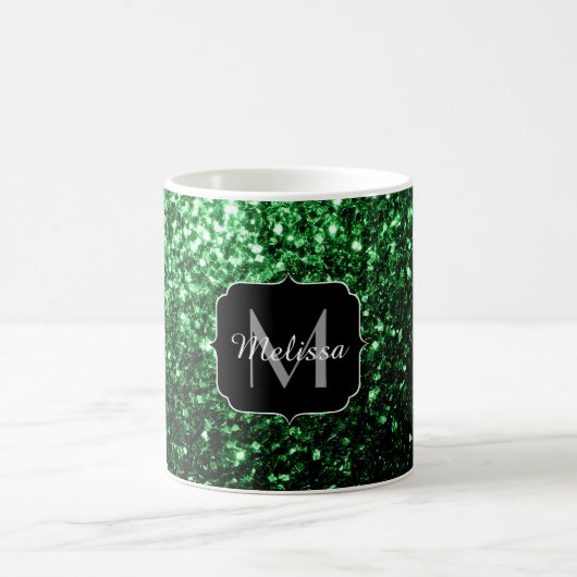 Dunkelgrüne Imitate Glitzer Glitzern Monogram Kaffeetasse (Mittel)