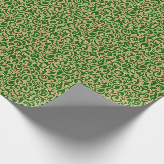 Dunkelgrüne Imitate Gold Glitzer Damask Blumenmust Geschenkpapier (Ecke)
