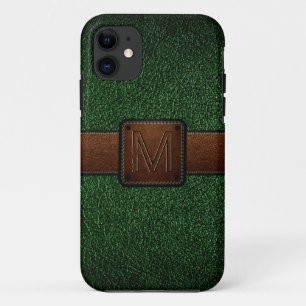 Dunkelgrüne Leder-Optik braunes Etikett iPhone 11 Hülle