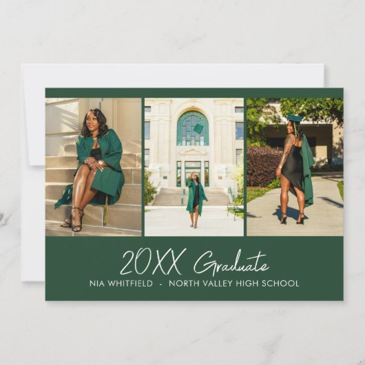 Dunkelgrüne Minimal Foto Collage Graduation Party Einladung (Vorderseite)