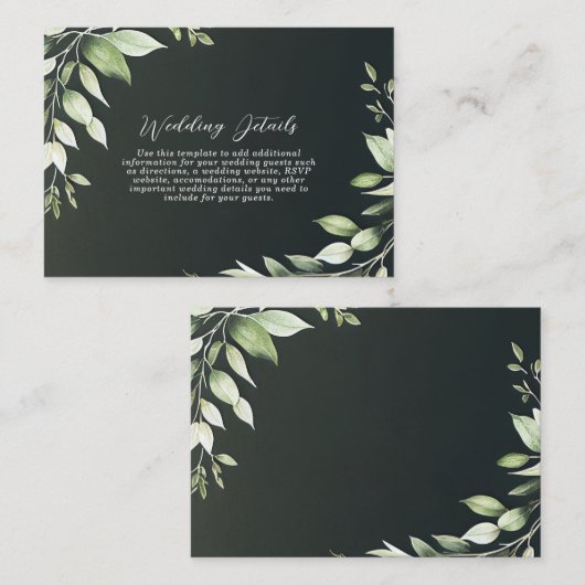 Dunkelgrüne, moderne Blätter Hochzeitsdetails Begleitkarte (Vorne/Hinten)