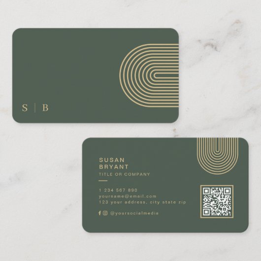 Dunkelgrüne Moderne Monogram QR Code Social Media Visitenkarte (Vorne/Hinten)
