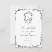 Dunkelgrüne Monogram Vintages Wappen Hochzeit Save The Date (Vorderseite)