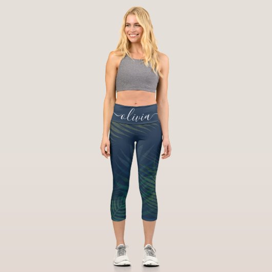 Dunkelgrüne Palmen Blätter Muster Capri Leggings (Vorderseite)