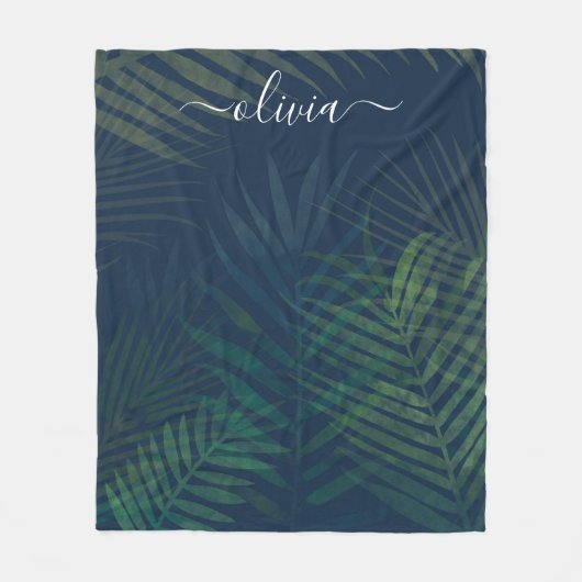 Dunkelgrüne Palmen Blätter Muster Fleecedecke (Vorderseite)