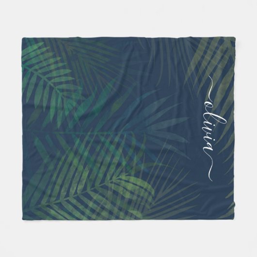 Dunkelgrüne Palmen Blätter Muster Fleecedecke (Vorderseite (Horizontal))