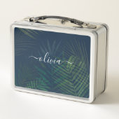 Dunkelgrüne Palmen Blätter Muster Metall Brotdose (Rückseite)