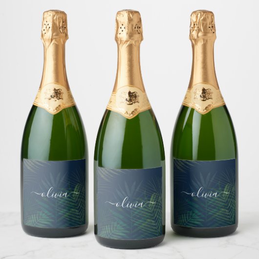 Dunkelgrüne Palmen Blätter Muster Schaumweinetikett (Flaschen)