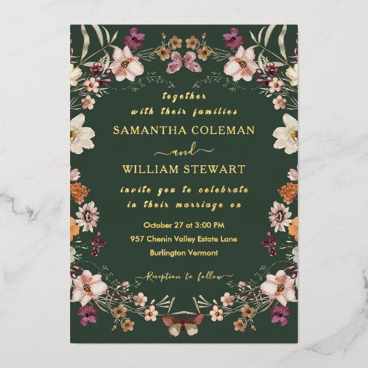 Dunkelgrüne Pastel Wildblume Moderne Boho Wedding Folieneinladung (Vorderseite)