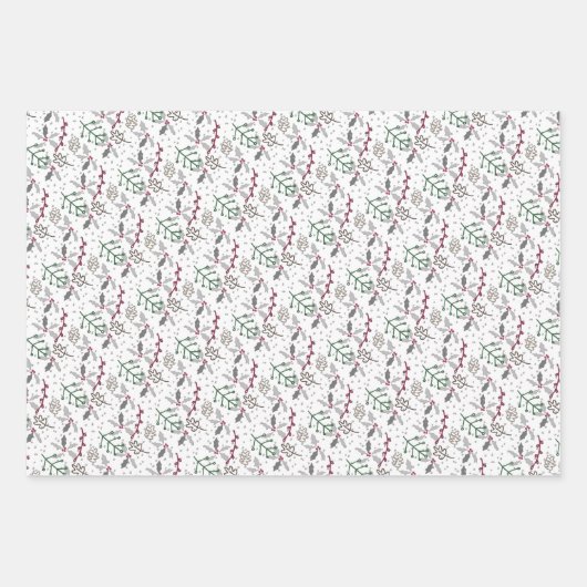Dunkelgrüne Pine Needles Red Holly Berries Muster Geschenkpapier Set (Vorderseite)