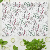 Dunkelgrüne Pine Needles Red Holly Berries Muster Geschirrtuch (Gefaltet)