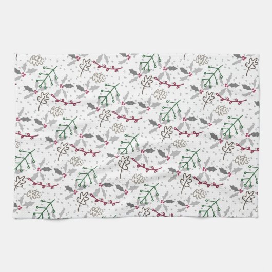 Dunkelgrüne Pine Needles Red Holly Berries Muster Geschirrtuch (Horizontal)