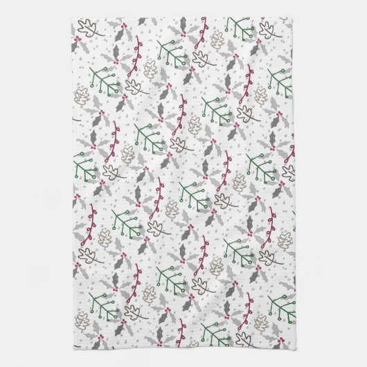 Dunkelgrüne Pine Needles Red Holly Berries Muster Geschirrtuch (Vertikal)