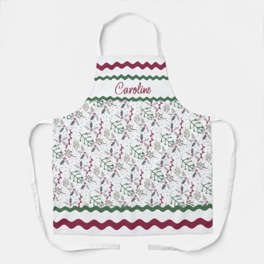 Dunkelgrüne Pine Needles Red Holly Berries Muster Schürze (Vorderseite)