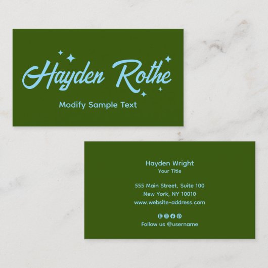 Dunkelgrüne Retro-Typografie-Sterne Visitenkarte (Vorne/Hinten)