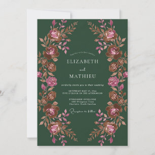 Dunkelgrüne romantische Blumenhochzeit Einladung