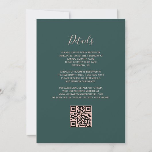 Dunkelgrüne Rose Gold Glitzer QR Code Hochzeit Einladung (Rückseite)