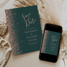 Dunkelgrüne Rose Gold Glitzer Save the Date Ankündigung