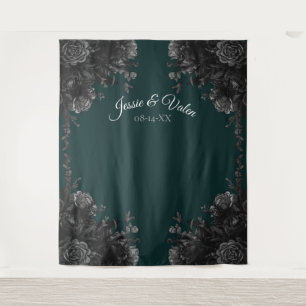 Dunkelgrüne Rose Graue Foto Hintergrund Wandteppich