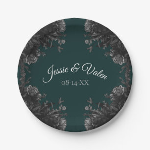 Dunkelgrüne Schwarz-Grau-Rose Gothic Wedding Pappteller