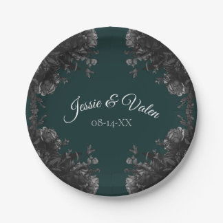 Dunkelgrüne Schwarz-Grau-Rose Gothic Wedding Pappteller
