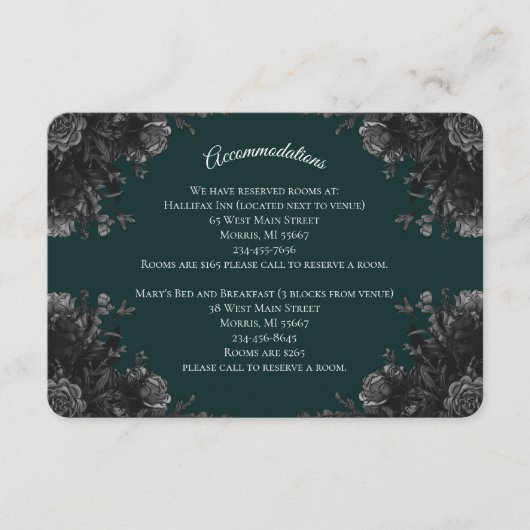 Dunkelgrüne schwarzgotische Rose Hochzeit Begleitkarte (Vorderseite)