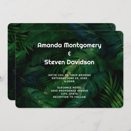 Dunkelgrüne tropische Blätter Muster Hochzeit Einladung (Vorne/Hinten)