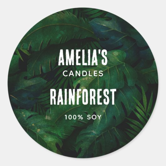 Dunkelgrüne tropische Blätter Muster Kerzengeschäf Runder Aufkleber (Vorderseite)
