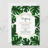 Dunkelgrüne tropische Blätter Weiße Hochzeit & Gol Einladung (Vorderseite)
