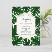 Dunkelgrüne tropische Blätter Weiße Hochzeit & Gol Einladung (Stehend Vorderseite)