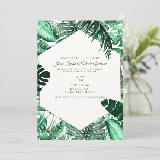 Dunkelgrüne tropische Palmen Blätter Sommerhochzei Einladung (Stehend Vorderseite)