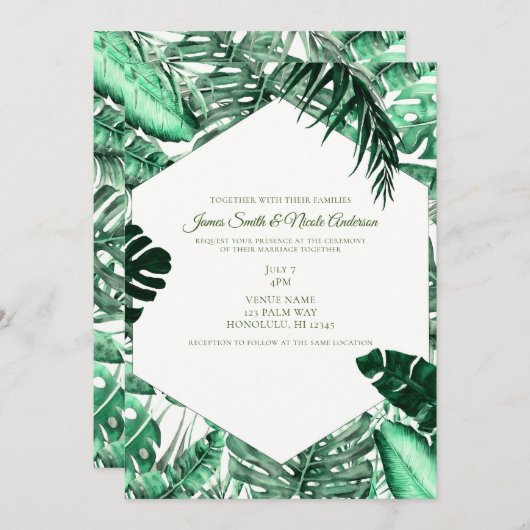 Dunkelgrüne tropische Palmen Blätter Sommerhochzei Einladung (Vorne/Hinten)