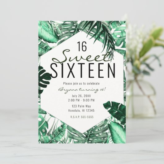 Dunkelgrüne tropische Palmen Blätter Sommersüß 16 Einladung (Stehend Vorderseite)