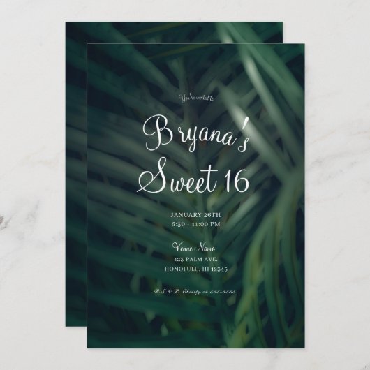 Dunkelgrüne tropische Palmen Blätter Sweet 16 Part Einladung (Vorne/Hinten)