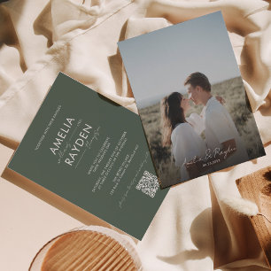 Dunkelgrüne Typografie Script Foto QR Code Hochzei Einladung