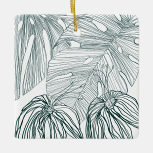 dunkelgrüne und aquamarine Monstera-Blätter & Lili Keramikornament