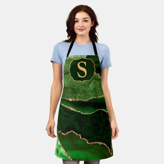 Dunkelgrüne und goldene Glitzer-Marmoragate-Monogr Schürze (Getragen)