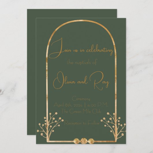 Dunkelgrüne und goldene Hochzeitseinladung Einladung (Vorne/Hinten)