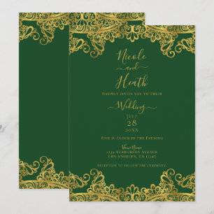 Dunkelgrüne und goldene Spitzen Elegante Hochzeit Einladung