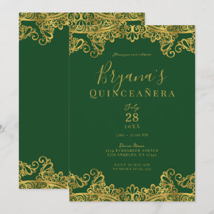 Dunkelgrüne und goldene Stickerei Elegante Quincea Einladung