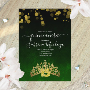 Dunkelgrüne und goldene Tiara Quinceanera-Einladun Einladung